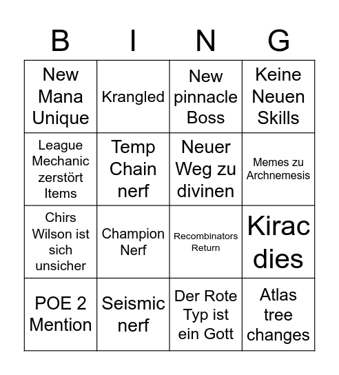 POE Crucible Bingo Card