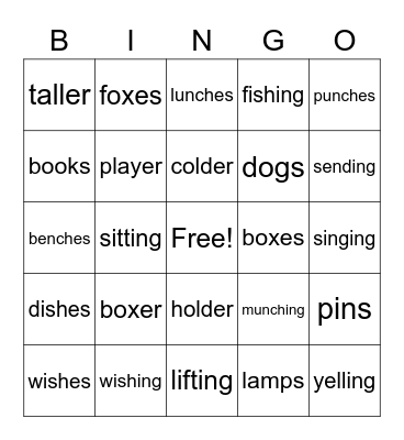 SPIRE 3 Suffixes s, es, ing, er Bingo Card
