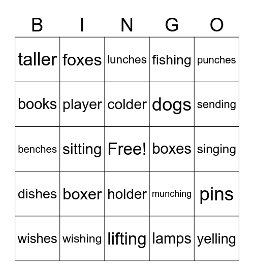 SPIRE 3 Suffixes s, es, ing, er Bingo Card
