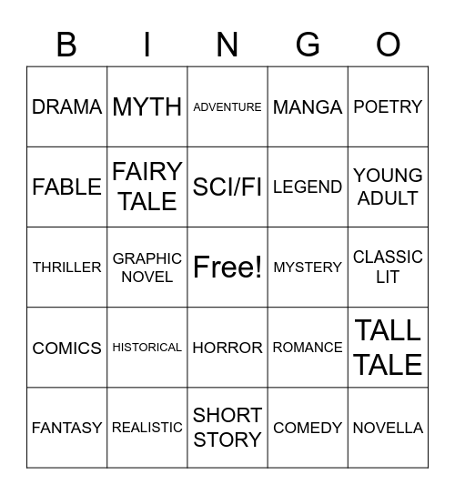 Fiction Subgenres Bingo Card