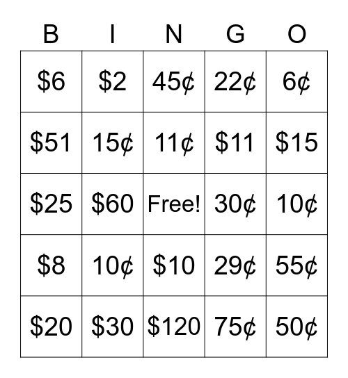 Money Management Bingo Card