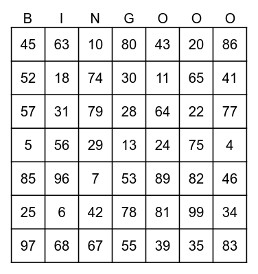 数字宾果游戏 Bingo Card