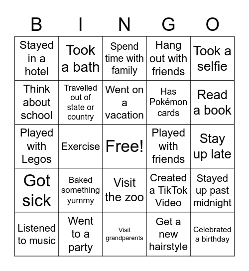 Spring break Bingo Card