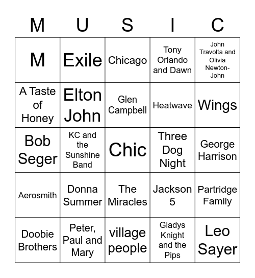 Music Bingo - 1970's Bingo Card