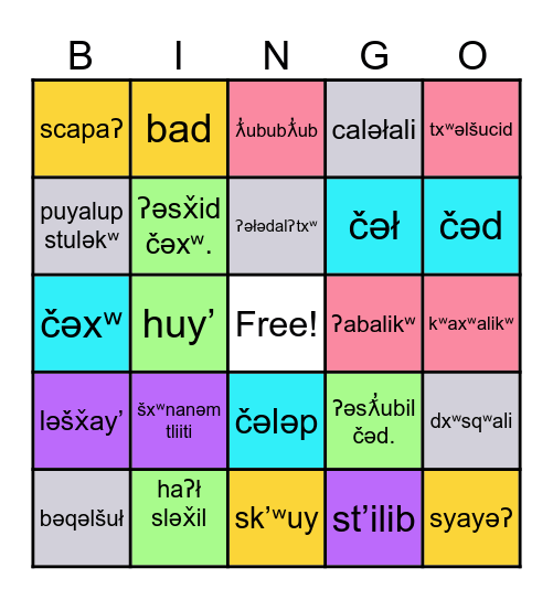 txʷəlšucid yuhuʔud Bingo Card