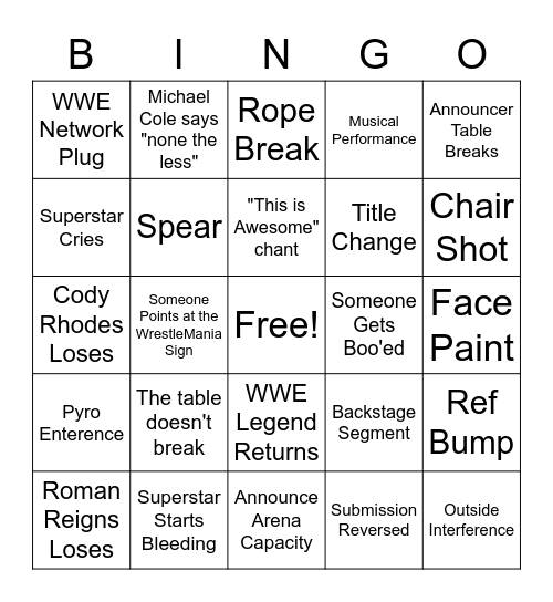WrestleMania 2023 Bingo Card