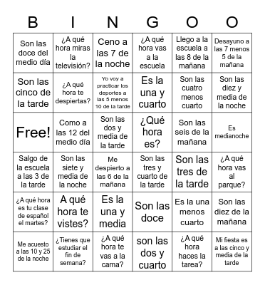 Telling time in Spanish Bingo Card
