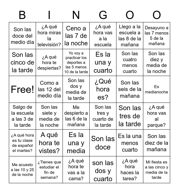 Telling Time In Spanish Bingo Card