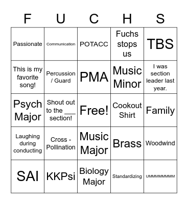 Drum Major Bingo Card