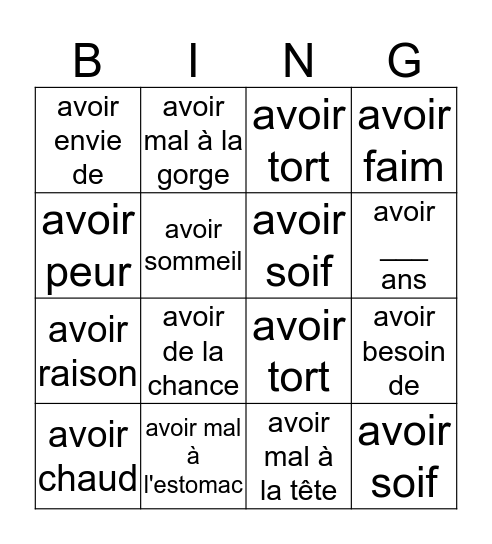 Avoir Expressions Bingo Card