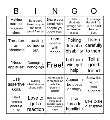 Bullying Awareness Bingo Card
