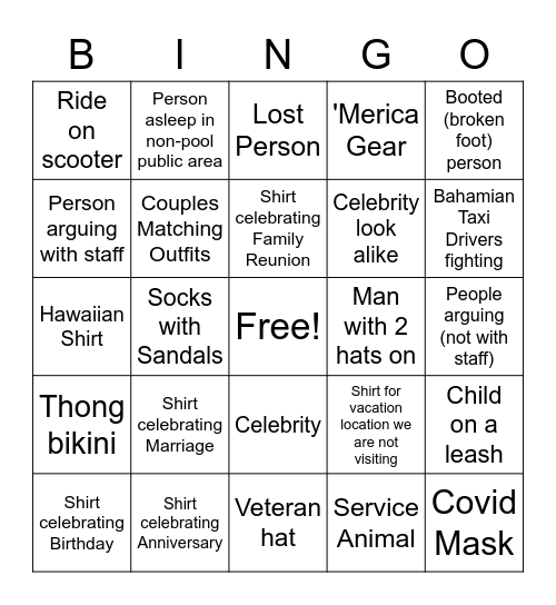 Cruise Bingo Card