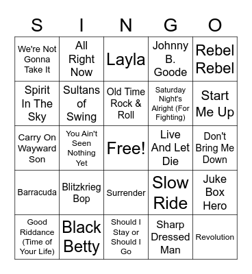 Rock Singo 3 Songs Bingo Card