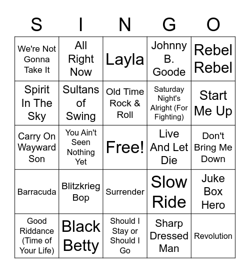 Rock Singo 3 Songs Bingo Card