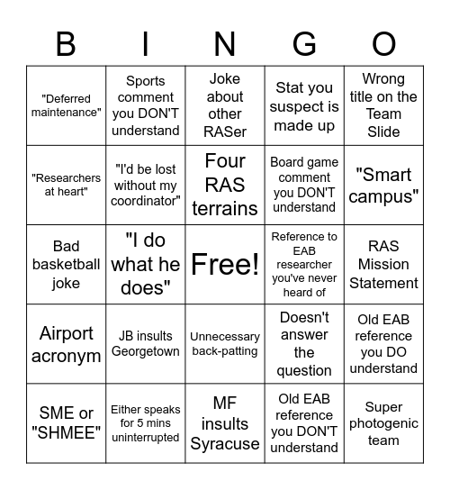 RAS Lunch & Learn Bingo Card