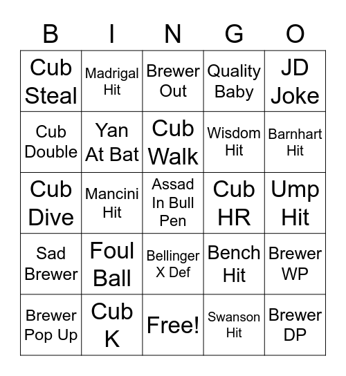 Cubs Bingo Card