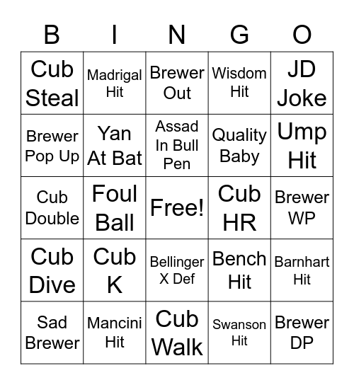 Cubs Bingo Card