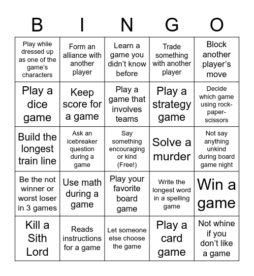 Board Game Bingo Card