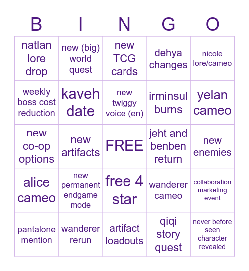 Genshin Impact v3.6 Livestream Bingo Card