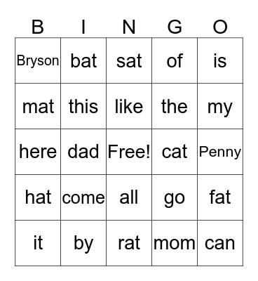 Sight Word Bingo Card
