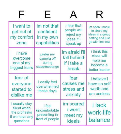 our fears and shenanigans Bingo Card