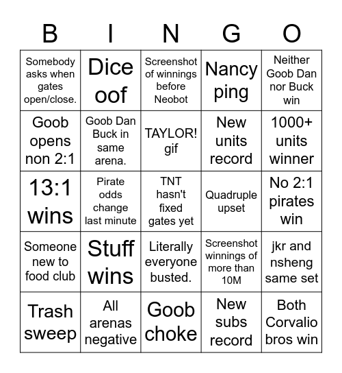 Food Club 2 Bingo Card