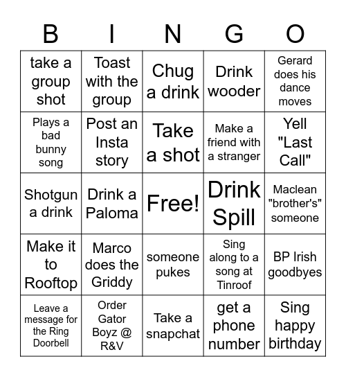 BLee's Bar Brawl Bingo Card