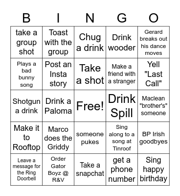 BLee's Bar Brawl Bingo Card