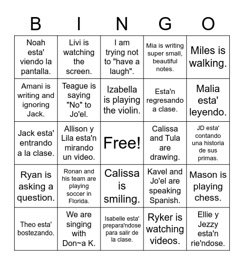 Present Progressive Bingo Card