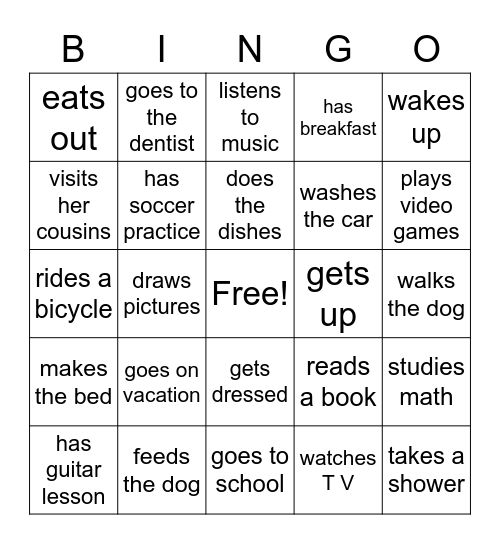 simple present - verbs Bingo Card