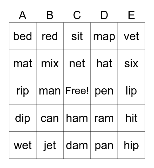 Short Vowels a. e. i Bingo Card