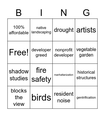 NIMBY Bingo 4x4 Bingo Card
