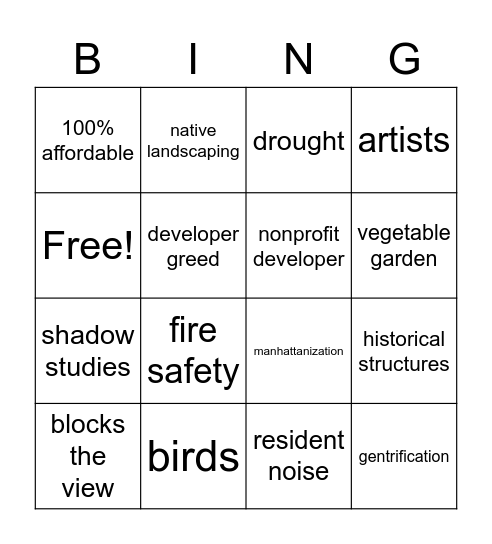 NIMBY Bingo 4x4 Bingo Card