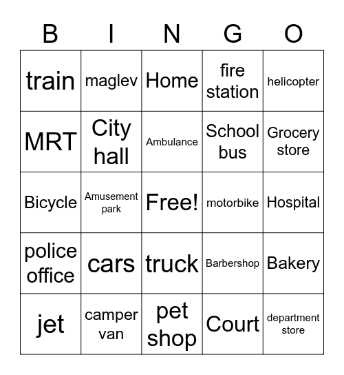 transportation and places Bingo Card