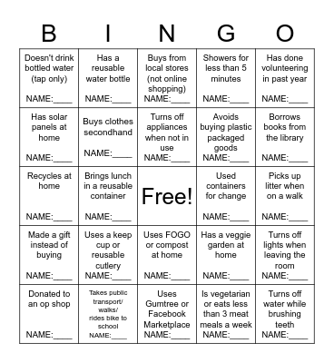 Sustainability Bingo Card