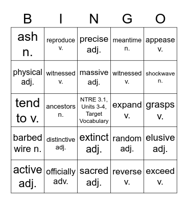 NTRE 3.1, Units 3-4, Target Vocabulary Bingo Card