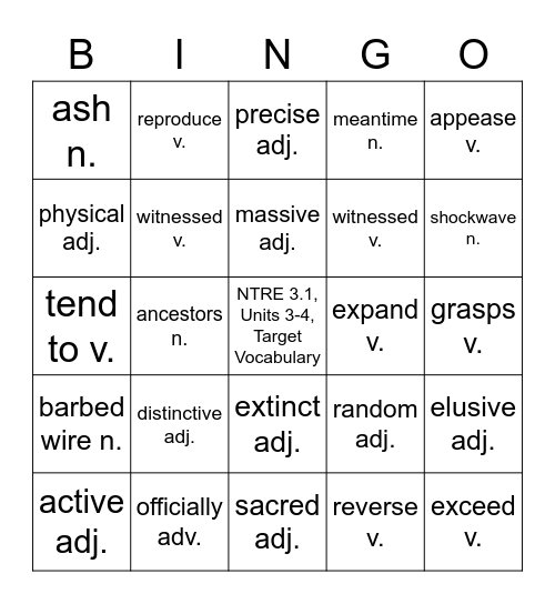 NTRE 3.1, Units 3-4, Target Vocabulary Bingo Card