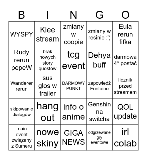 Genshin Livestream 3.8 BINGO! Bingo Card