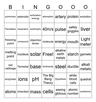 Science Revision Bingo Card