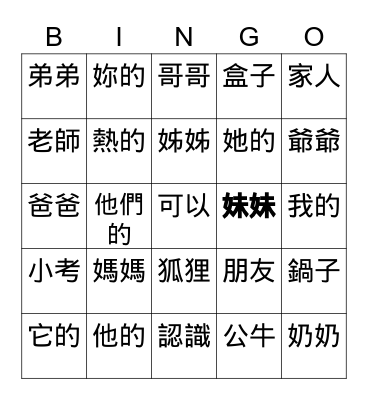 FAMILY Bingo Card