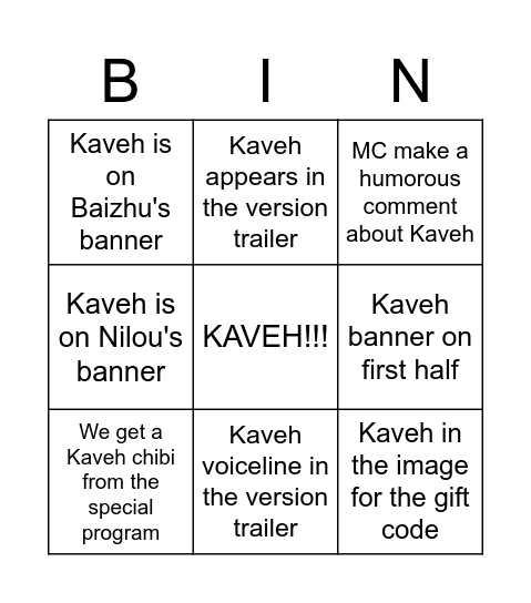 Genshin Special Program Kaveh Bingo Card