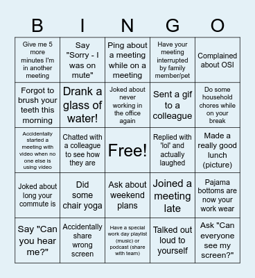 MH Remote Work Bingo Card
