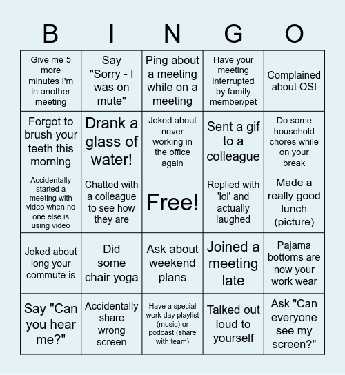 MH Remote Work Bingo Card