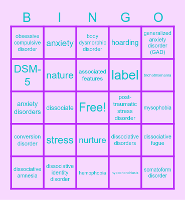 Psych Disorders Bingo Card