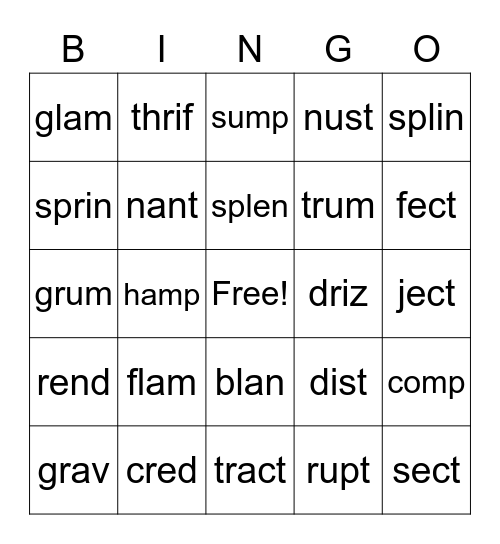 Detached Syllables with Blends Bingo Card