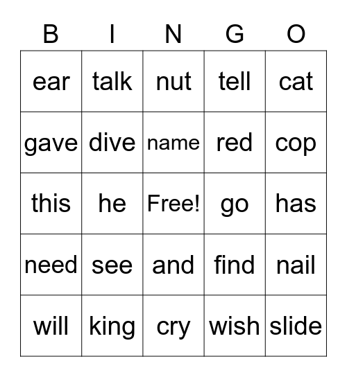 Lesson 63 Bingo Card