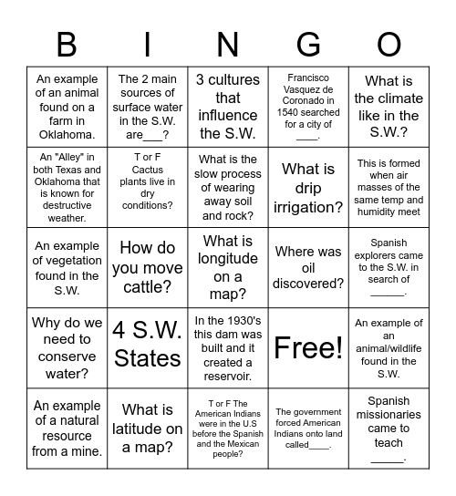 Southwest Bingo Card