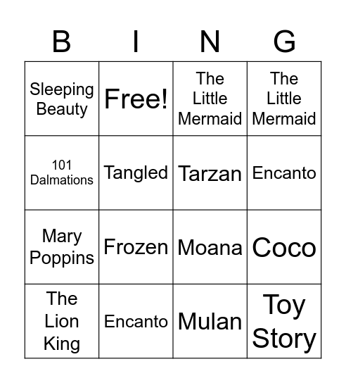 Disney Movie Bingo Card