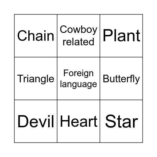 Day's Tattoo Bingo Card