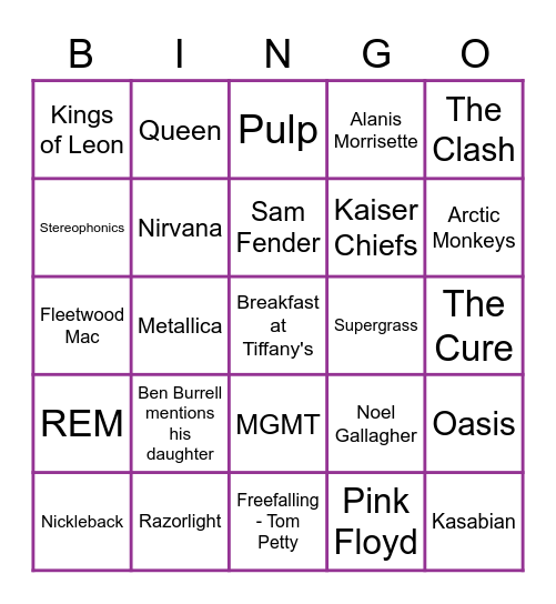 Absolute Radio Bingo Card